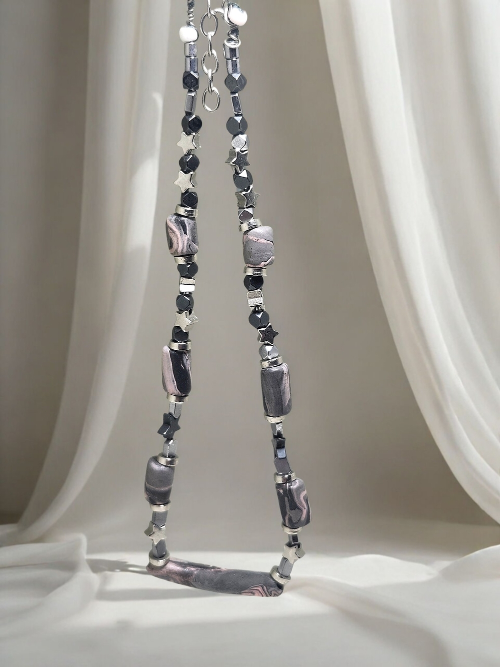 Handmade Silver-Tone Gray And Pink Polymer Clay Beaded Necklace